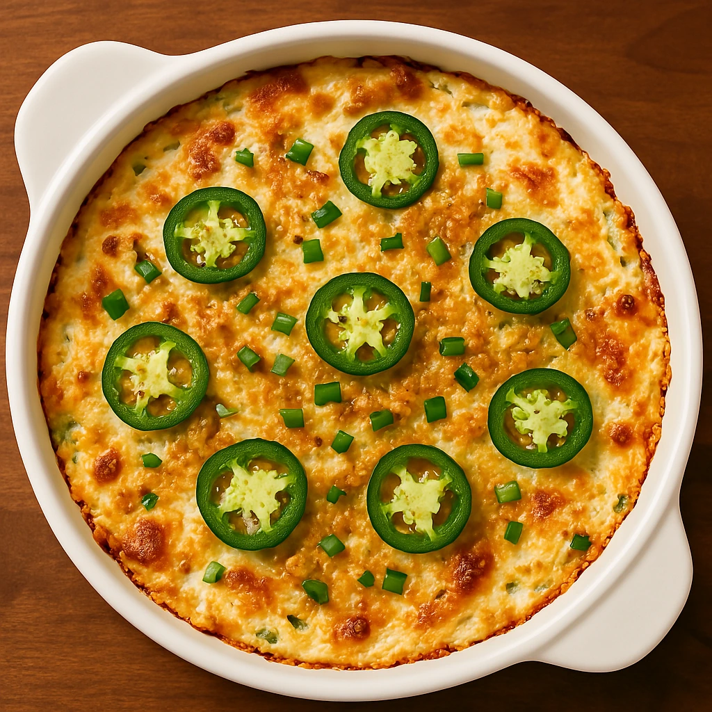 Jalapeño Popper Dip with cream cheese, diced jalapeños, and melted cheddar, baked until warm and bubbly